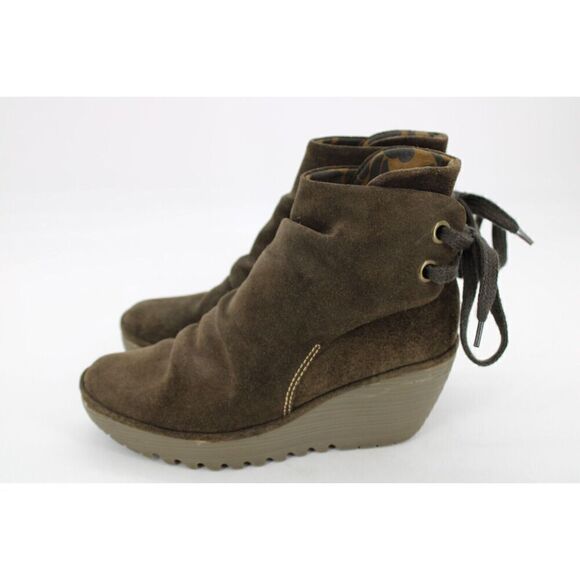 Fly London Boots Ankle Booties Brown Suede Wedge Ankle Lace/Tie Size 38 - Picture 9 of 11